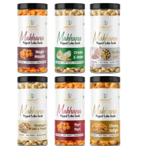 Nativenuts Makhana 6 Flavours Combo Jars (Himalayan Salt, Peri Peri, Magic Masala, Black Salt, Cream Onion, Cheesy Delight)