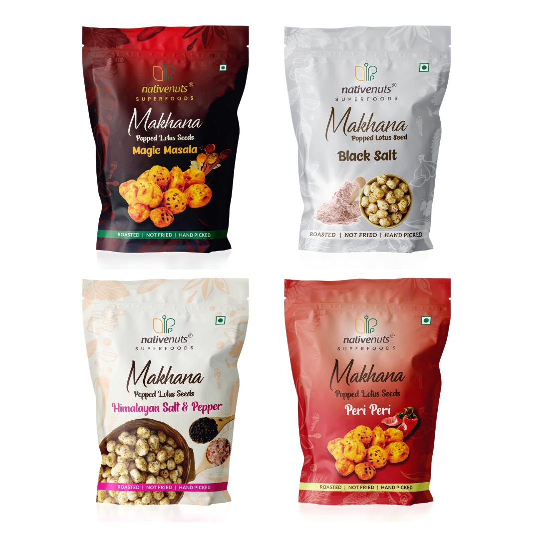 Nativenuts Makhana 4 Flavours Combo Standee Pouch (Himalayan Salt, Peri Peri, Magic Masala, Black Salt)